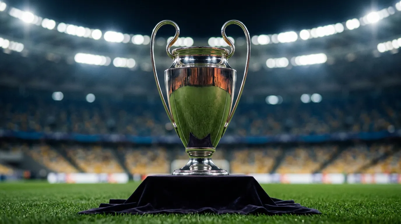 Champions-League-Pokal — der Henkelpott im Flutlicht des Stadions