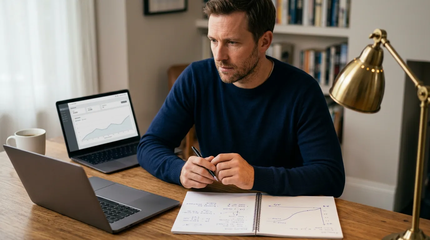 Wett-Analyst mit Notizbuch und Laptop wertet xG-Daten zur Champions-League-Strategie aus